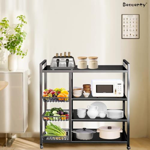 Beauenty 4-Tier Kitchen Storage Shelf Unit, Rolling Utility Cart with 3 Pull-Out Baskets, Metal Vegetable Stand for Kitchen Pantry, Snacks Onion Fruit Storage Shelf