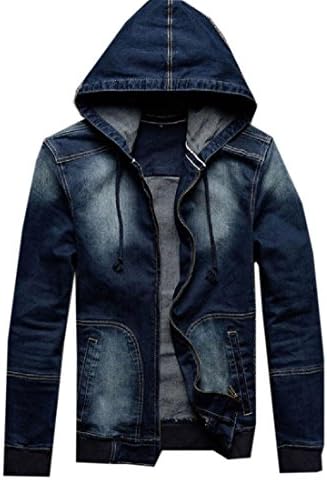 DressU Mens Denim Comfy Hoodies Solid Hood Baseball Biker Jacket Dark Blue L