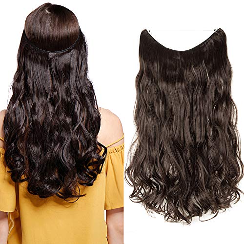 S-noilite Invisible Crown Hair Extensions Secret Transparent Headband Hairpieces No Clip Long Human Made Natural Synthetic Fibre Hair Piece for Women Curly 20 Inch dark brown