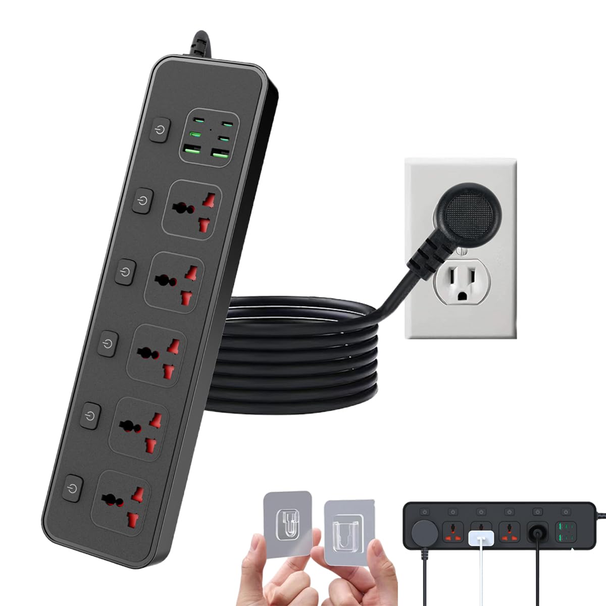 Photo 1 of Flat Plug Power Strip with Individual Swtich, Jumpso 6ft Universal Extension Cord with 5 Outlets and 2 USB 4 USB C Ports, Max 3000w, 110-240v, Multiple Outlets Plug Adapter for Office Travel