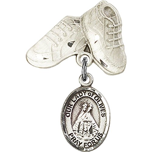 Sterling Silver Baby Badge with Our Lady of Olives Charm and Baby Boots Pin 1 X 5/8 inches