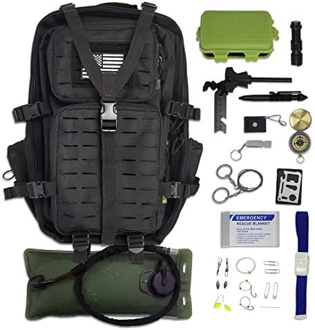 Tactical Backpack + Hydration Bladder with Emergency & Survival Gear, Military Backpack Hiking Camping Bug Out Bag Kit