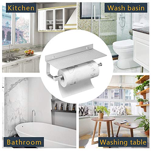 Hoimpro Paper Towel Holder Wall Mounted for Kitchen 13 Inch, Bathroom Tissue Roll Hanger with Mobile Phone Storage Shelf,Space Aluminum, Wall Mount with Screws, Dull Polished Silver - Thumbnail 5