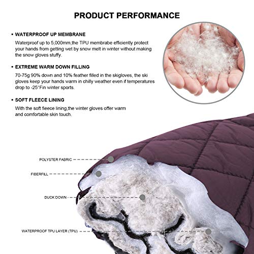 Andake 90% Duck Down Mittens Gloves For Women -20¨H Cold Weather Warm Winter Snow Gloves For Walking Jogging Work Outdoor Red L-XL