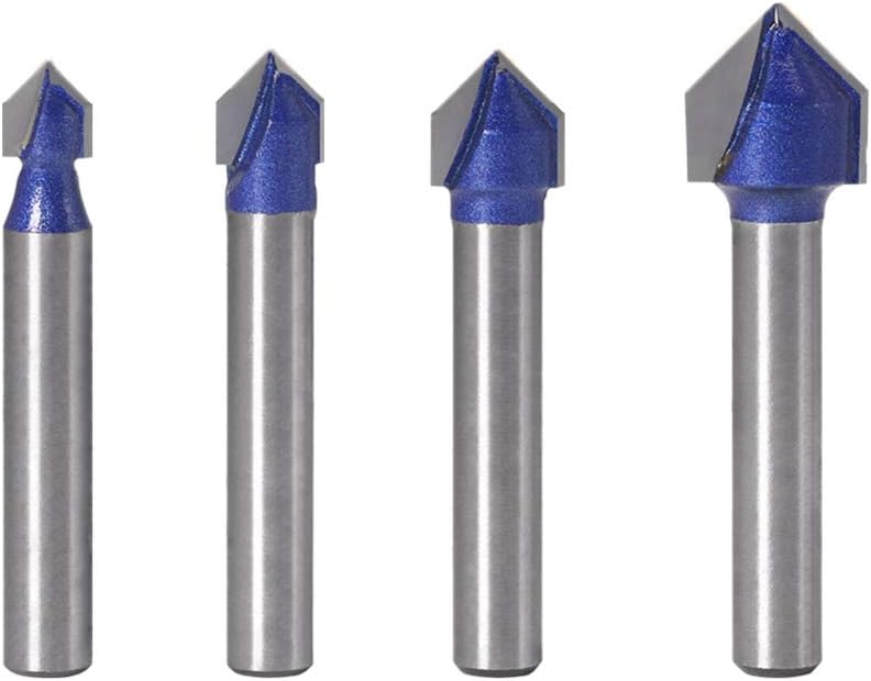 Gasea 4pcs 1/4 Inch Shank 90 Degree V Groove Router Bit Set CNC Engraving V Grooving Woodworking Milling Cutter Tool 1/4" 5/16" 3/8" 1/2"