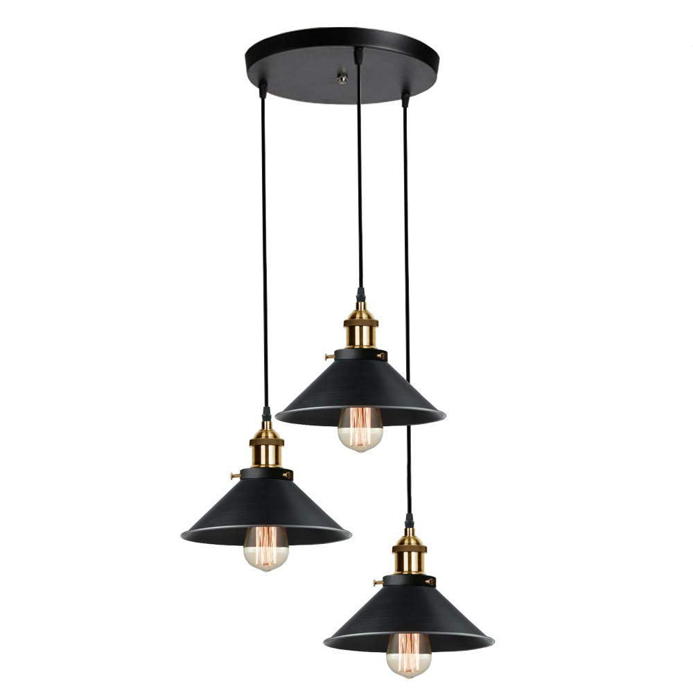 iDEGU Industrial Pendant Lamp Shapes, 3 in 1 Vintage Edison Style Metal Pendant Light Shades for E27 Ceiling Lights for Kitchen Bar Loft - Ø22cm, Black (Black 30CM)