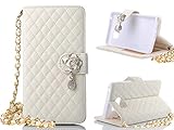 Note 5 Case, Welity White Color Camellia Bling Rhinestone Soft Leather Grid Crystal Wristlet Chain Pu Leather Wallet Protector Phone Case Compatible with for Samsung Galaxy Note 5