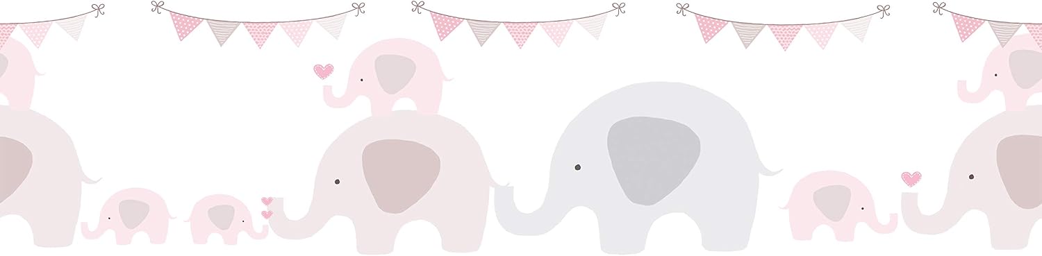 Lovely Kids Wallpaper Borders Self-Adhesive Elephant Party A.S. Création Wallpaper Borders for Kids 5.00 m x 0.155 m Pink Grey White Made in Germany 403749 403749 - Image 3