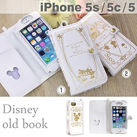 Amazon Old Book Case ディズニー Iphone5s Iphone5c Iphone5 ケース 手帳型 カバー カード入れ 付き ストラップホール付 横開き ダイアリー タイプ キャラクター レザー スマホケース ミッキー ミニー ホワイト ケース カバー