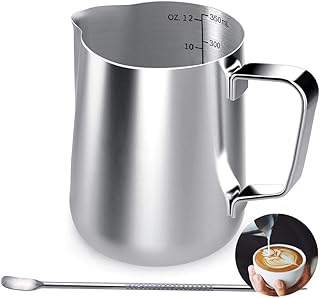 Milchkännchen, 350 ml Handheld Edelstahl Aufschäumkännchen, Kaffee Creamer Milch Aufschäumer Kännchen Tasse mit Messung Mark und Latte Art Pen, Milchkännchen perfekt für Barista Cappuccino Espresso
