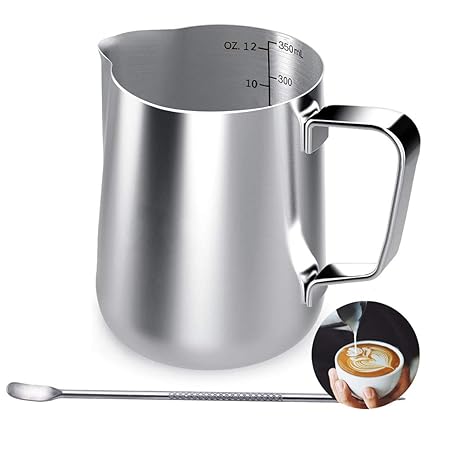 Milchkännchen, 350 ml Handheld Edelstahl Aufschäumkännchen, Kaffee Creamer Milch Aufschäumer Kännchen Tasse mit Messung Mark 