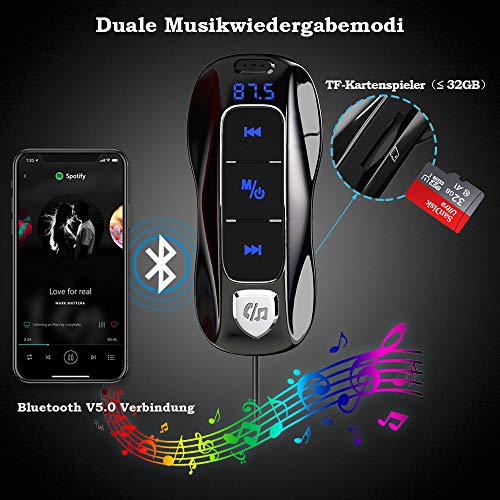 Bluetooth 5.0 FM Transmitter, SONRU Bluetooth Auto Radio Adpter Freisprecheinrichtung Dual USB Ports (QC3.0/2.4A) mit 1.1M Kabel, A2DP Crystal Sound Qualität, Spannungsanzeige, TF Karte Play