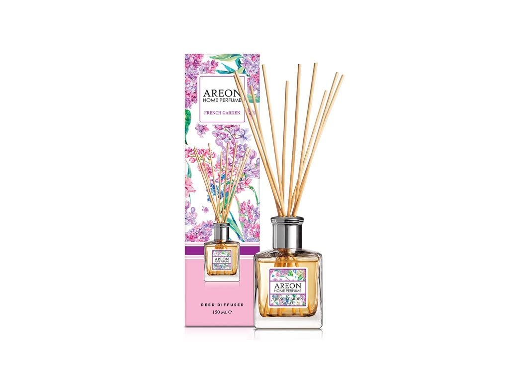 AREON French Garden Reed Diffuser, 150 ml, Clear with Silver Accents, Includes 10 Rattan Reeds