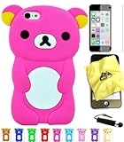 Bukit Cell ® Bundle - 4 Items: Bukit Cell ® HOT PINK 3D Teddy Bear Soft Silicone Case for iPhone 5C, Bukit Cell ® Cleaning Cloth, Screen Protector and Metallic Stylus Touch Pen with Anti Dust Plug