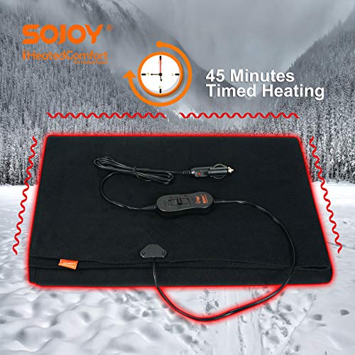 Sojoy 12V Heated Electric Car Blanket, 45 Minute Heating Timing Function, Easy Controller, Fleece Travel Throw for Car and RV-Great for Cold Black SJ734R073