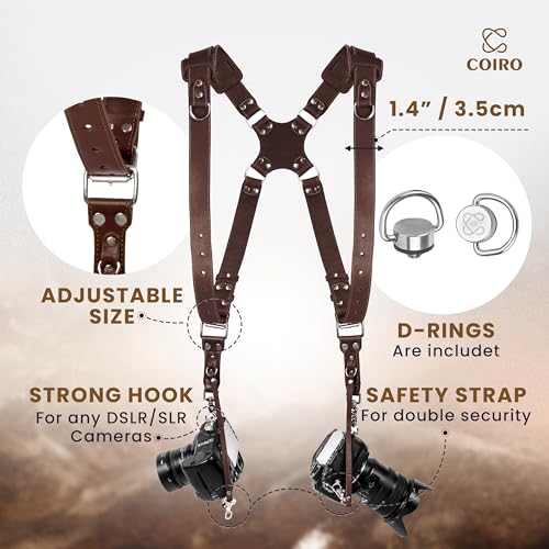 C Coiro Dual Camera Harness for Photographers, Double Adjustable Leather Strap DSLR/SLR, Dual Shoulder Harness