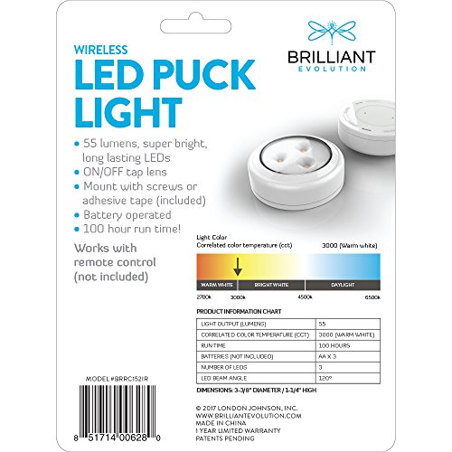 Brilliant Evolution BRRC152IR Wireless LED Puck Light - Works With Remote - Operates On 3 AA Batteries - Kitchen Under Cabinet Lighting - Thumbnail 2