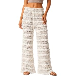 AOMEXAGA Women's Crochet Swimsuit Coverup Ruffle Layered Elastic Waist Lace Sheer Mesh Pants 2026 Beach Wide Leg Pants