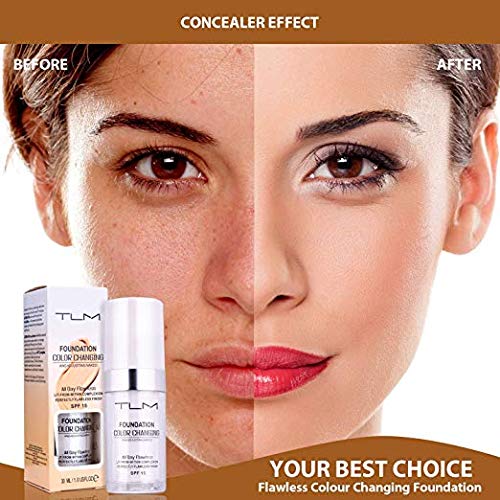 Flawless Colour Changing Foundation Makeup, Concealer Cover Cream, Full Coverage Foundation Warm Skin Tone Foundation liquid, Base Nude Face Moisturizing Liquid Cover Concealer All Skin Types, SPF 15 - Thumbnail 3