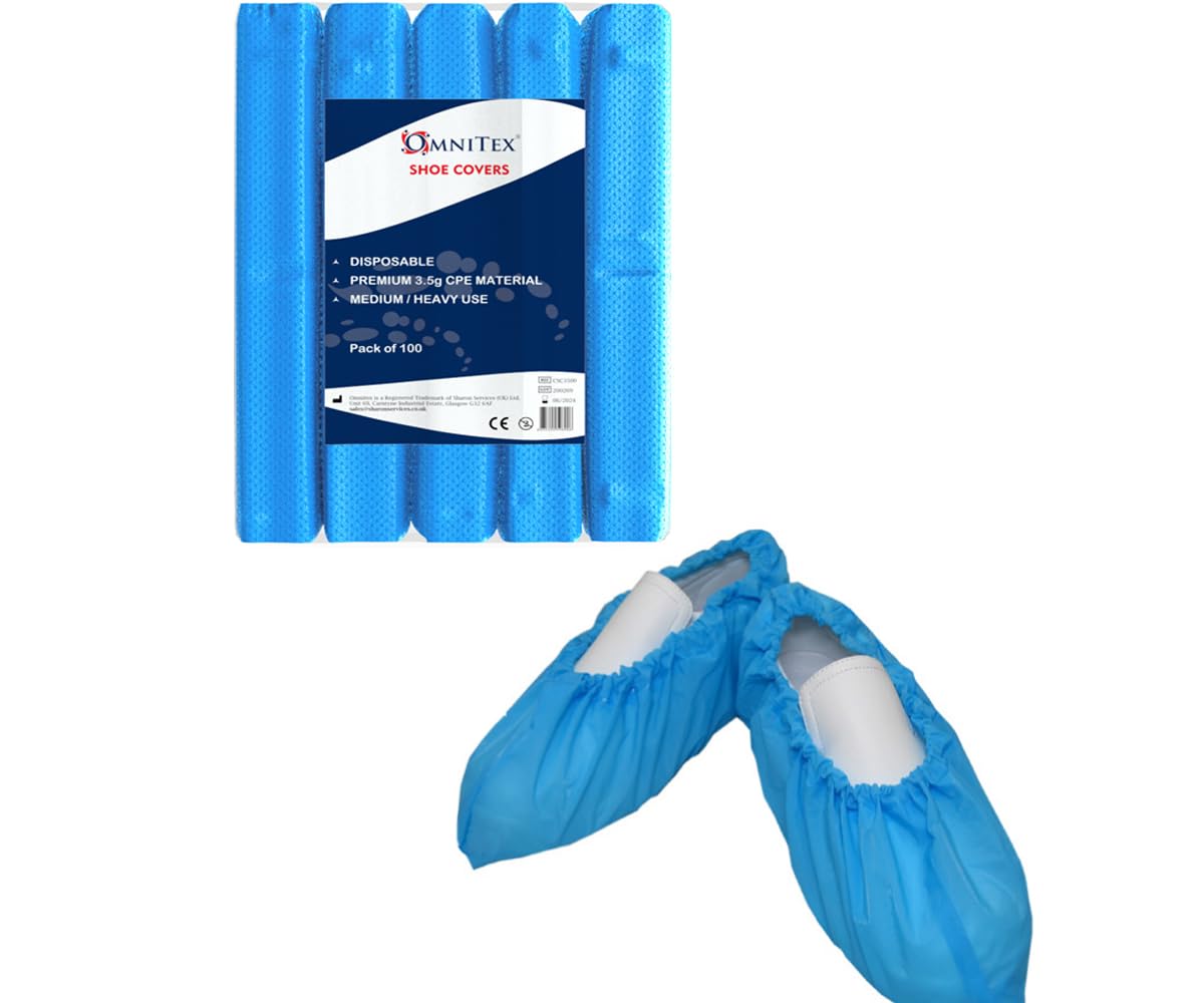 100x Omnitex® 3.5g Premium Disposable Shoe Covers, Strong Floor, Carpet Protectors. Embossed Overshoes. Medium to Heavy Use (1x Pack of 100)