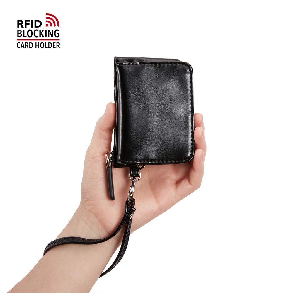 JCTHBAG Womens Small Leather Coin Purse RFID Credit Card Case With Wrist Strap (Black)