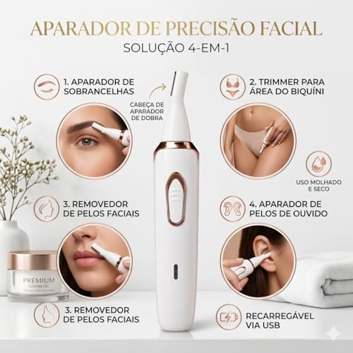Depilador Feminino Elétrico 4 em 1 Recarregável USB Removedor de pelos Corporal e Facial Aparador Portátil bivolt Sem Fio com 4 Cabeças Multifuncional
