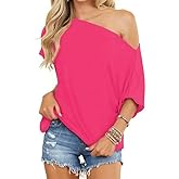 LEEDYA Women Off Shoulder Tops Short Sleeve T-Shirts Loose Blouses Oversized Tunic Tops
