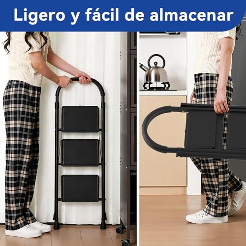 MOONPAI Escalera Plegable para Casa,Escalera de Tijera,Diseño de Cierre de Seguridad,Escalera Plegable de Peldaños,Patas y Pasamanos Antideslizantes,para Interior Y Exterior(Escalera 3 Peldaños)