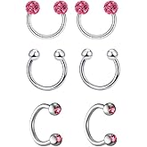 Heuvipens 6pc 16g Surgical Steel Horseshoe Nose Septum Lip CZ Crystal Ball Hoop Bar Ring Ear Body Piercing 6mm-10mm
