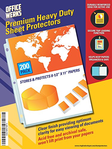 Officewerks Heavy Duty Clear Sheet Protectors - 200 Pack, Refinforced Holes, 8.5 x 11 Inches, Acid Free/Archival Safe