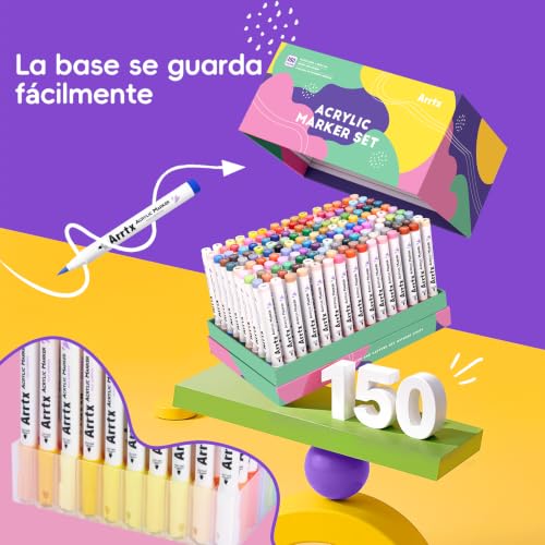 Arrtx 150 Colors Paint Pens, Acrylic Paint Pens for Artists Adults Coloring Drawing Cartoon Anime Comic - Brush Tip for Painting on Rocks, Wood