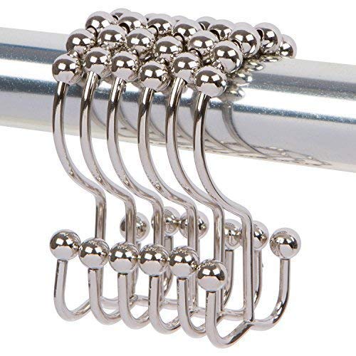DOTZ Nickel Roller Shower Curtain Rings with Double Hooks - 100% Stainless Steel Rust Proof Polished Nickel - Set of 12