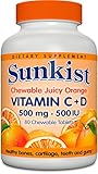 Sunkist Vitamin C and D Chewable Tablets 500 mg, Juicy Orange, 80 Count