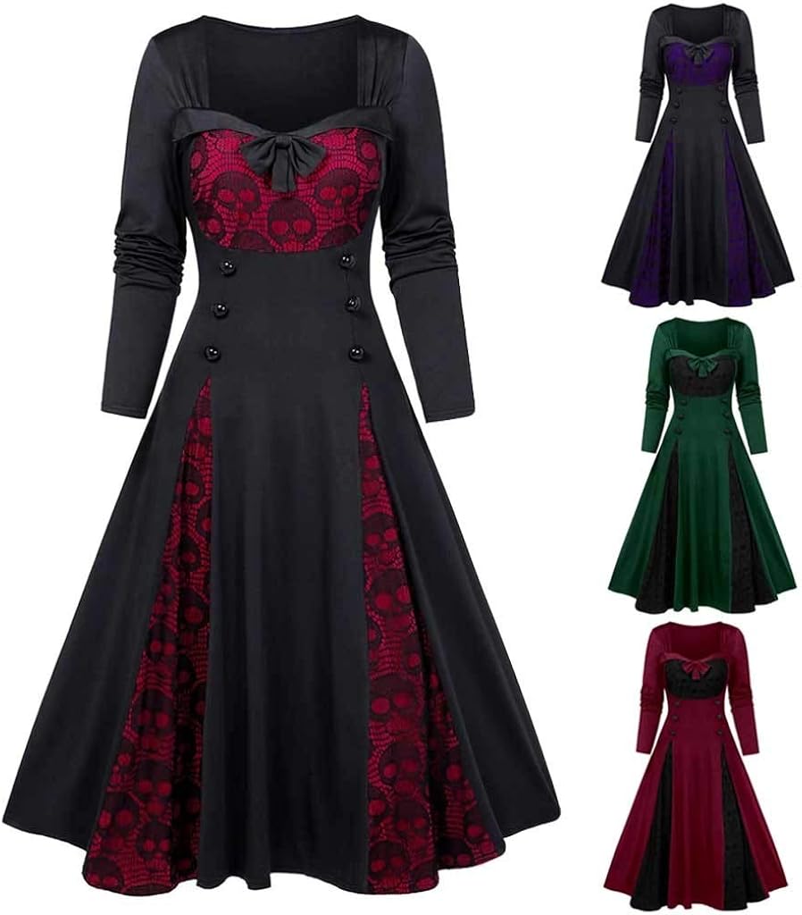 Women Plus Size Punk Gothic Skull Lace Insert Mock Button Bowknot Dress: Clothing