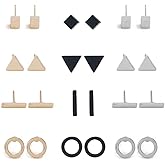 12 Pairs Stud Earrings Set for Men Women Black Silver Golden Square Round Bar Triangle Stud Earrings Jewelry (12 Pairs Earrings)