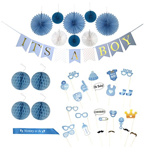 Baby Shower Decorations for a Boy | 'IT'S A BOY' Gold Foil Lettered Banner, FUN 25 Piece Photo Props, 'Mommy to Be' Sash, Honeycomb Balls, Paper fans, Nursery room Decor Kit