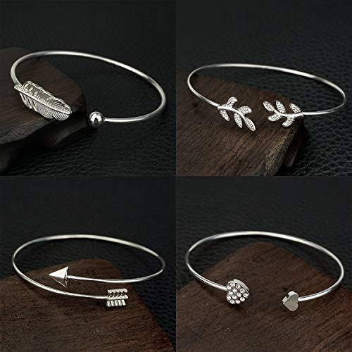 Suyi 4 Pcs Adjustable Cuff Bracelet Open Wire Bangle Stackable Wrap Bracelet Set for Women Girls Silver