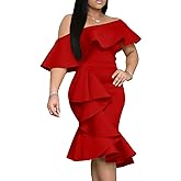GOBLES Women's Elegant Off The Sholder Back Zipper Ruffles Bodycon Midi Cocktail Dress