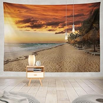 KJONG Golden Sunset Beach Mexico Beach Palm Sunset Tree Beautiful Blue Clouds Coast Destination Exotic Goldendecorative Tapestry,60X60 Inches Wall Hanging Tapestry for Bedroom Living Room