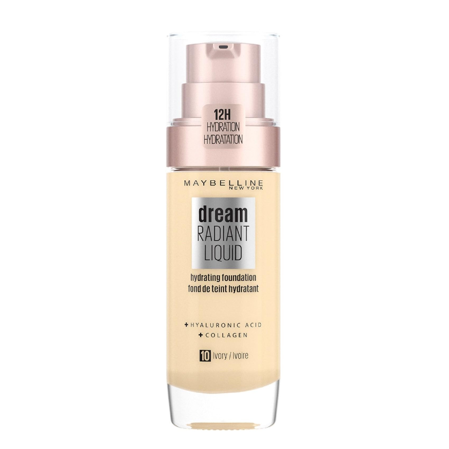 Maybelline Foundation, Dream Radiant Liquid Hydrating Foundation with Hyaluronic Acid and Collagen, Lightweight, Medium Coverage Up to 12 Hour Hydration, 10 Ivory โ image 1