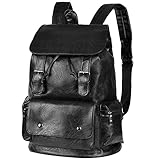 Vbiger Unisex PU Leather Laptop Backpack Large-capacity Casual Daypack Multi-purpose Drawstring Shoulders Bag with Multiple Pockets and Drawstring Opening, Suitable for Men and Women (Black)