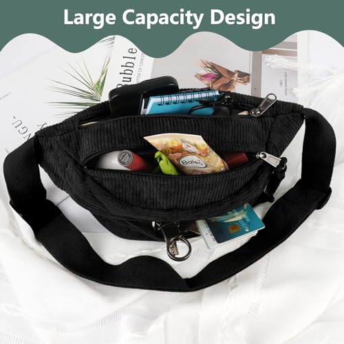 Maxmoc Bum Bag Corduroy Crossbody Bag Shoulder Bag for Men and Women | Black Fashionable Belt Bag with Shoulder Strap Adjustable for Outdoor Sports, Travel, School, Work