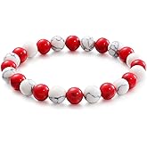 BIYONGDE 8MM Red White Mable Gem Stone Beads Bangle Bracelet, Mens Womens, Stretchable, Unique