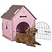 Ollieroo Dog House Crate Wooden Kennel Indoor Condo for Small Dogs Cats Pet Home with Door and Bed Mat Pink with Brown