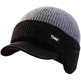 Men's Winter Knitted Earflap Hat, Winter Beanie with Brim and Ear Flaps, Outdoor Warm Fleece Lined Hat Stocking Caps