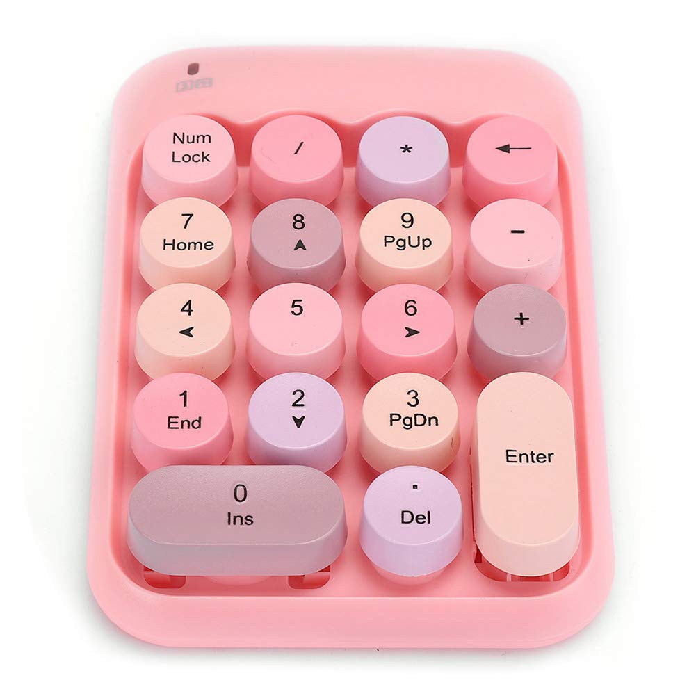 VBESTLIFE Wireless USB Numeric Keypad, Waterproof 18-Keys Pink Mini Number Pad, Vintage Colorful Round Cap Num Keyboard for Financial Accounting