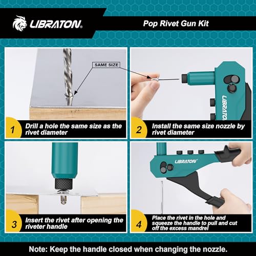Libraton Professional Rivet Pliers, Pop Riveter, Blind Rivet Pliers, Manual Rivet Gun, Riveting Tool with 120 Blind Rivets, 4 HSS Drills, 4 Interchangeable Nozzles Without Tool