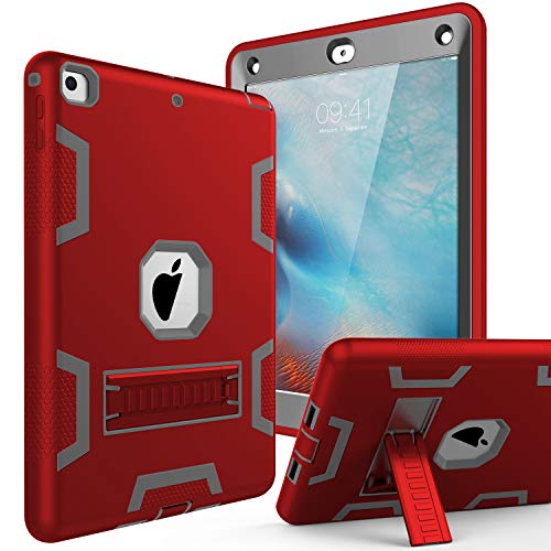 iPad 6th Generation Cases,iPad 5th Generation Case YuVas Kickstand Heavy Duty Armor Shockproof Protective 3 in 1 Cover for iPad 9.7 2017/2018 - Red Grey