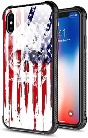iPhone X Case,iPhone Xs Case,Slim Tempered Glass Back Cover Silicone Bumper Frame Shockproof Anti-Scratch Cover Case for Apple iPhone X/XS Skull Head American Flag