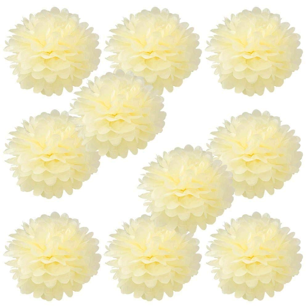 JZK 10pcs 25cm Ivory Cream Tissue Paper Hanging pom poms Flower Ball Decorative Pompom Party Decorations for Wedding, Birthday, Baptism, Baby Shower, Holy Communion, Girls Bedroom